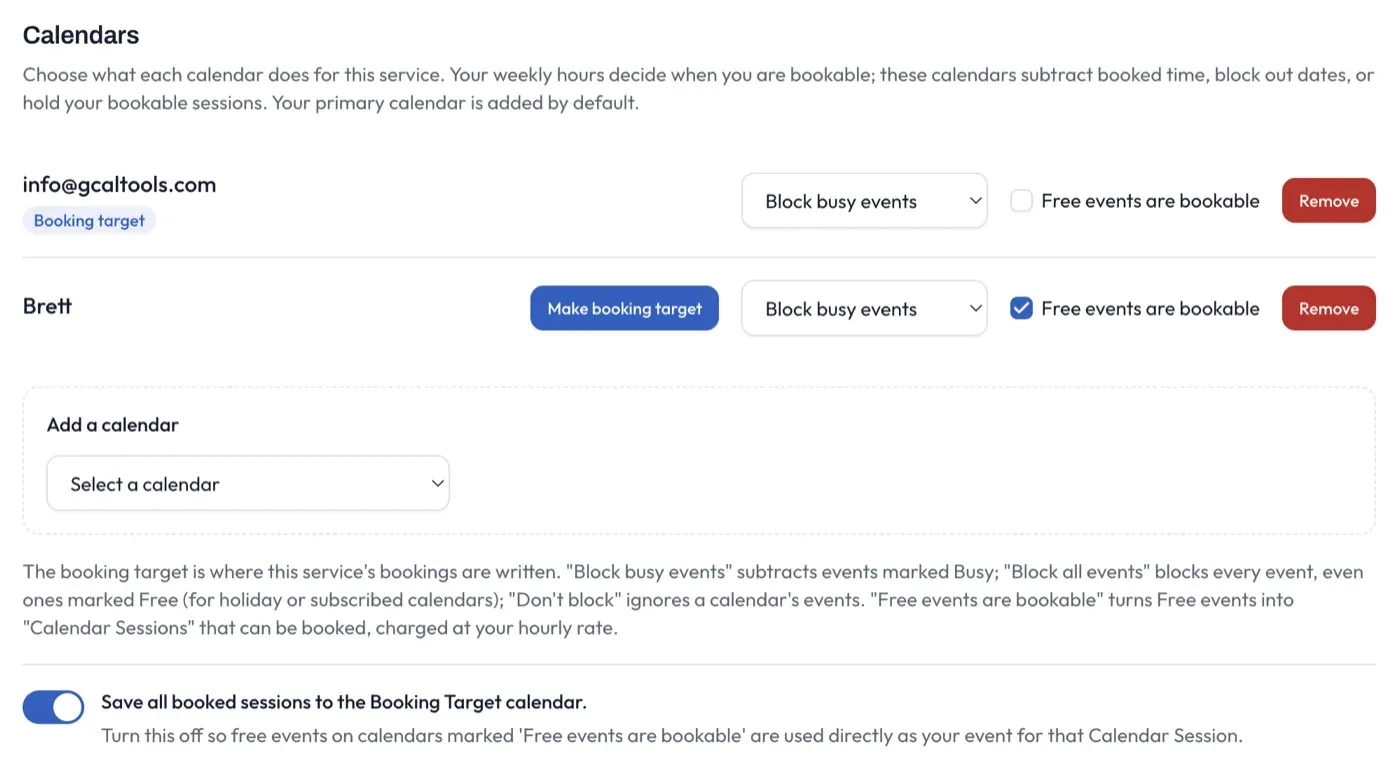 The Calendars settings on the Set availability screen, with the “Free events are bookable” checkbox on each connected calendar