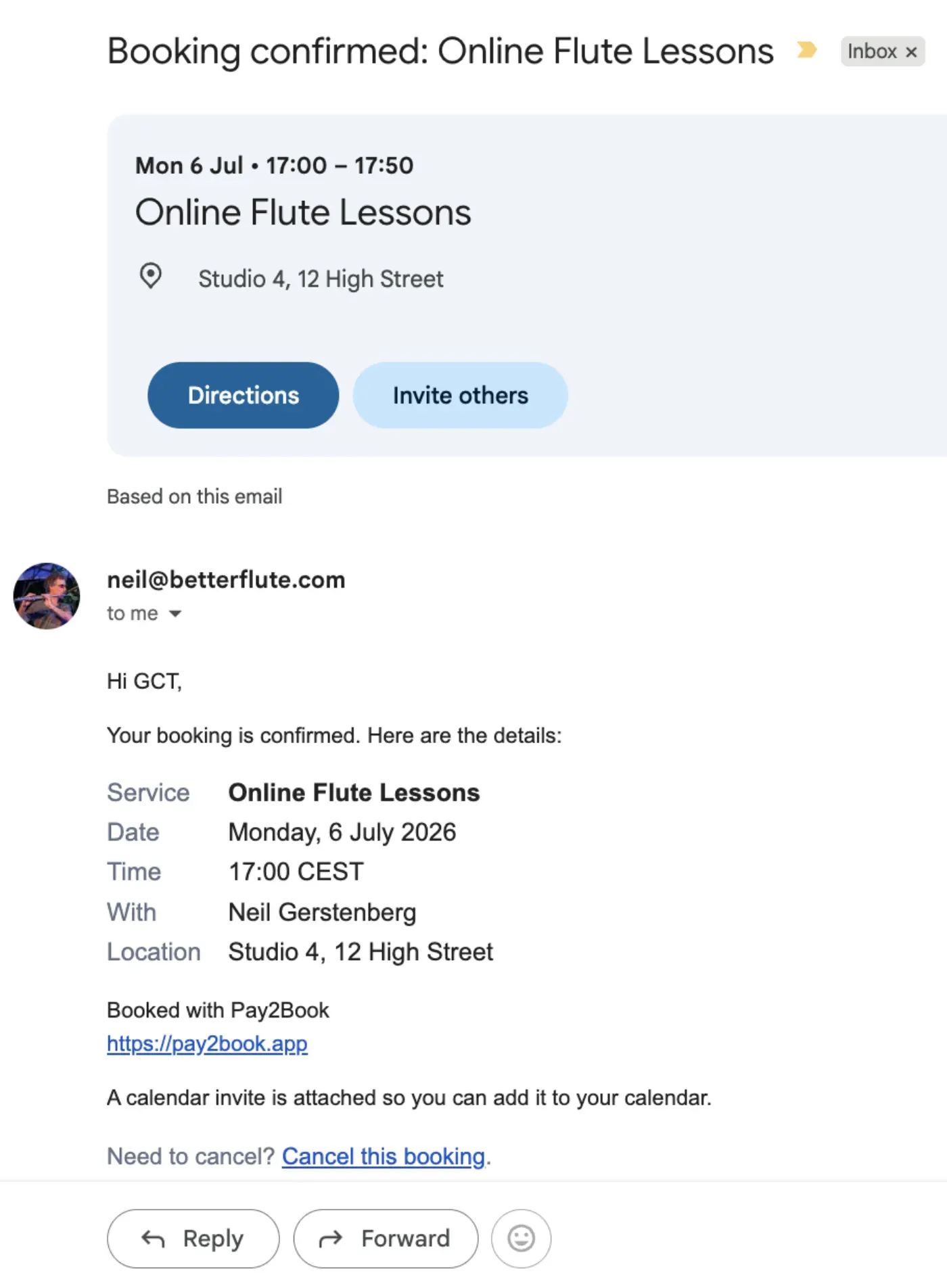 A booking confirmation in Gmail, with Google’s event chip above the message