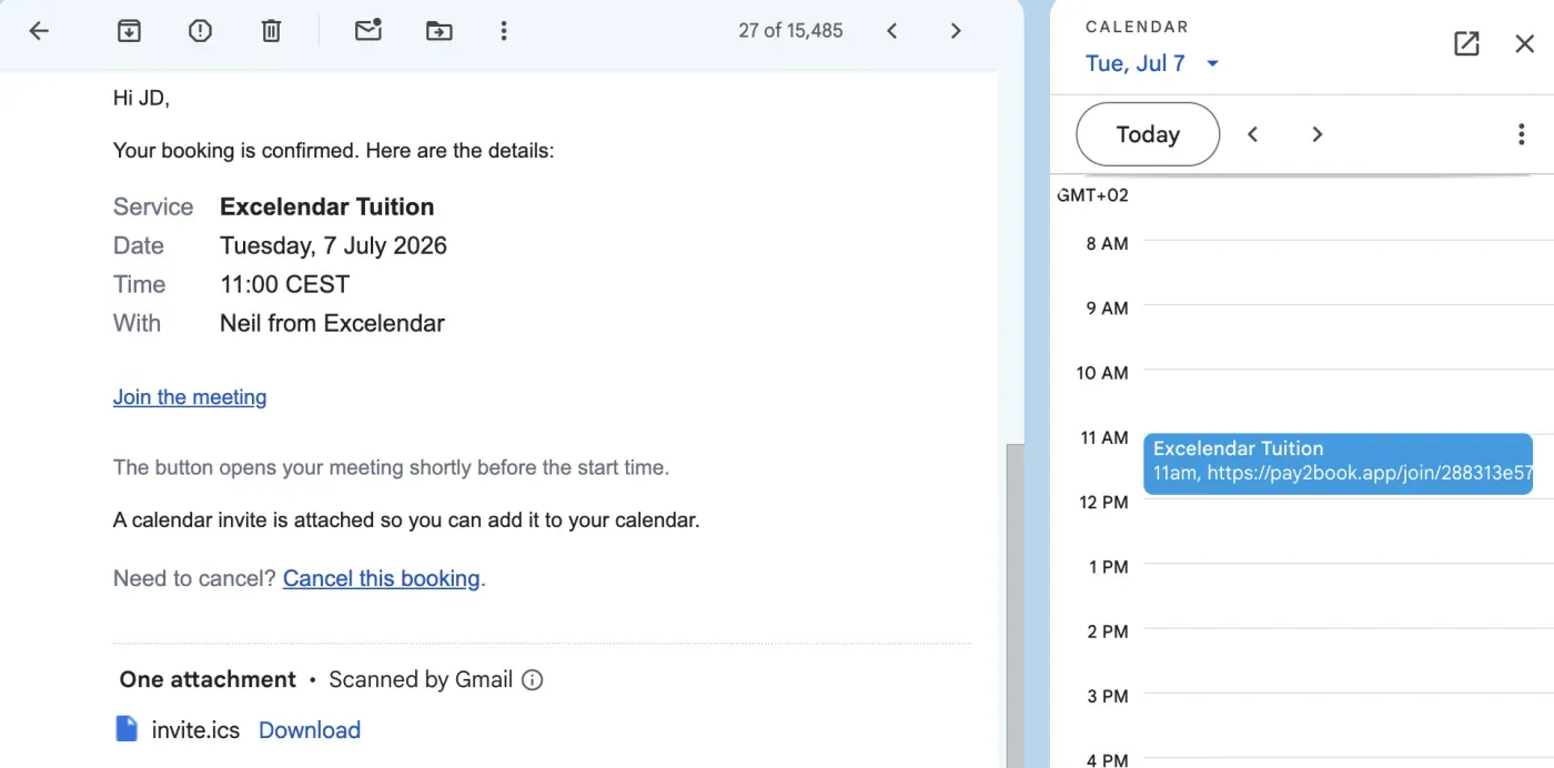 The same email with Gmail’s side calendar panel showing the session and the invite.ics attachment