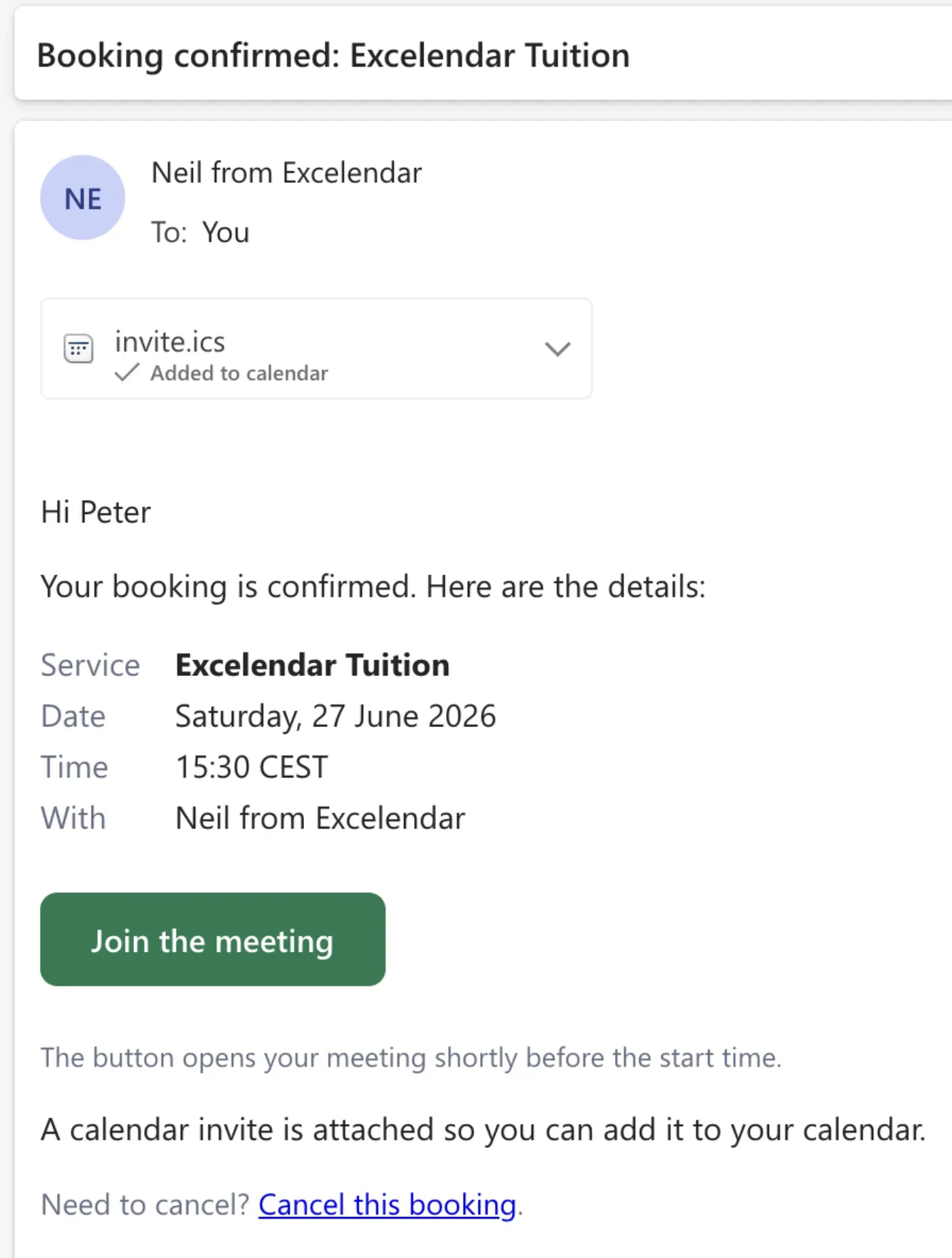 A booking confirmation in Outlook, showing the invite added to calendar and a Join the meeting button
