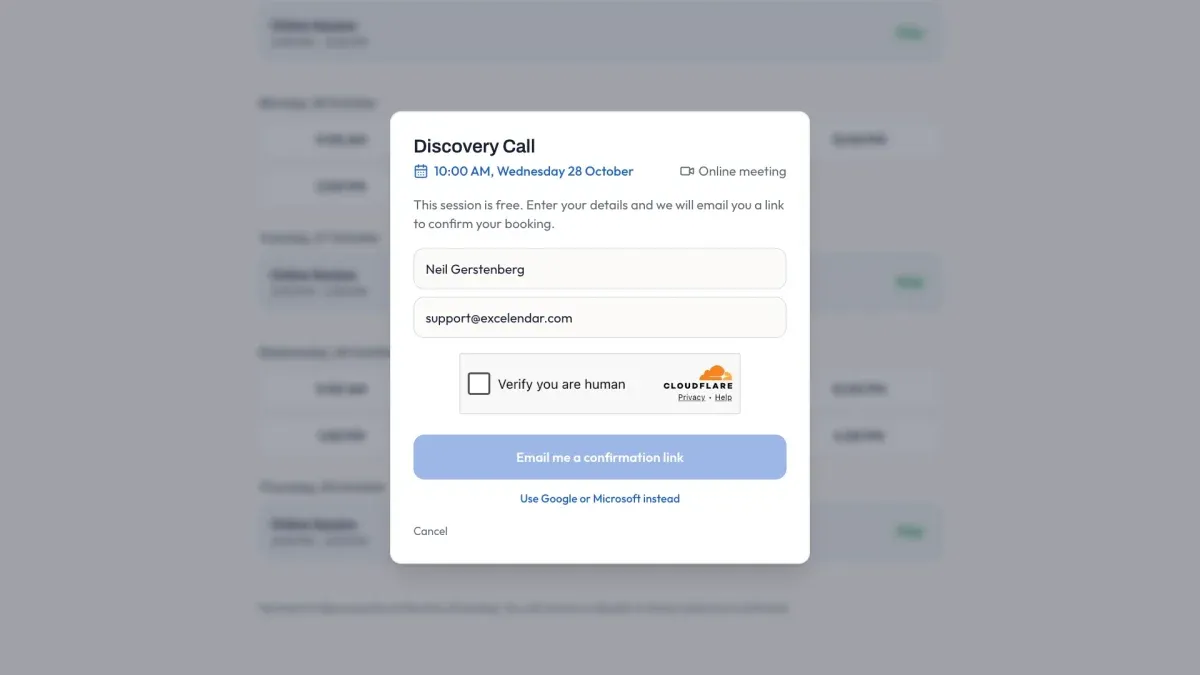 The booking form with name and email