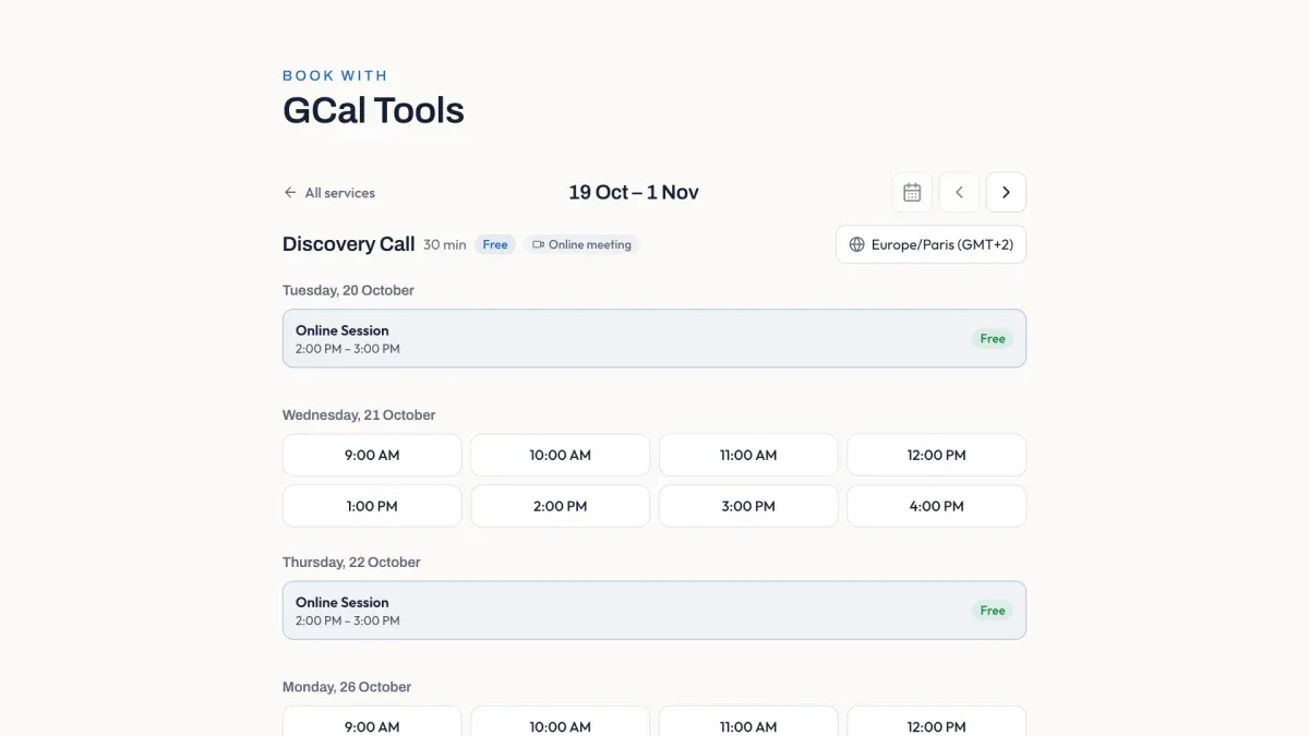 The booking page with event sessions and grid time slots