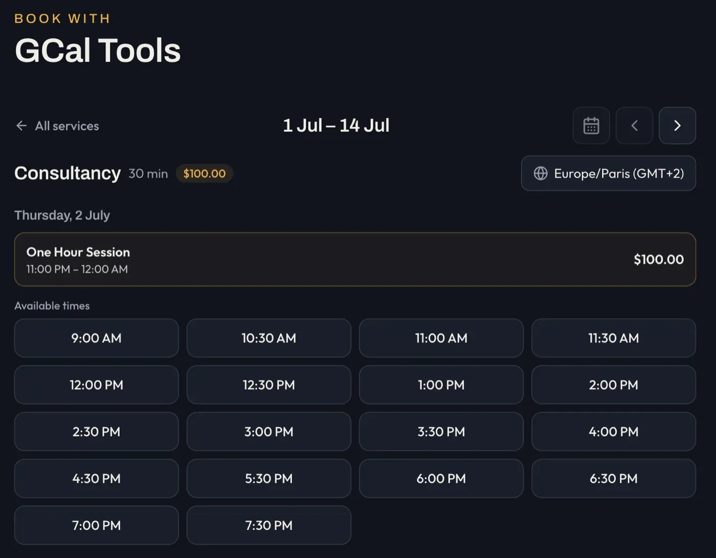 A public booking page, showing the service and price, a date range with navigation, a timezone picker, and available times