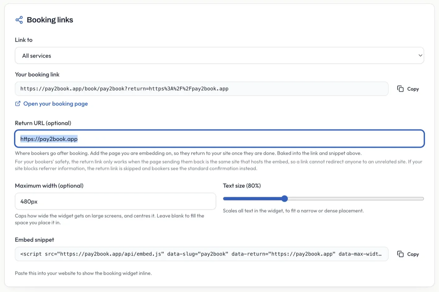 The Booking links card: the link-to picker, booking link, return URL, maximum width and text size controls, and the embed snippet