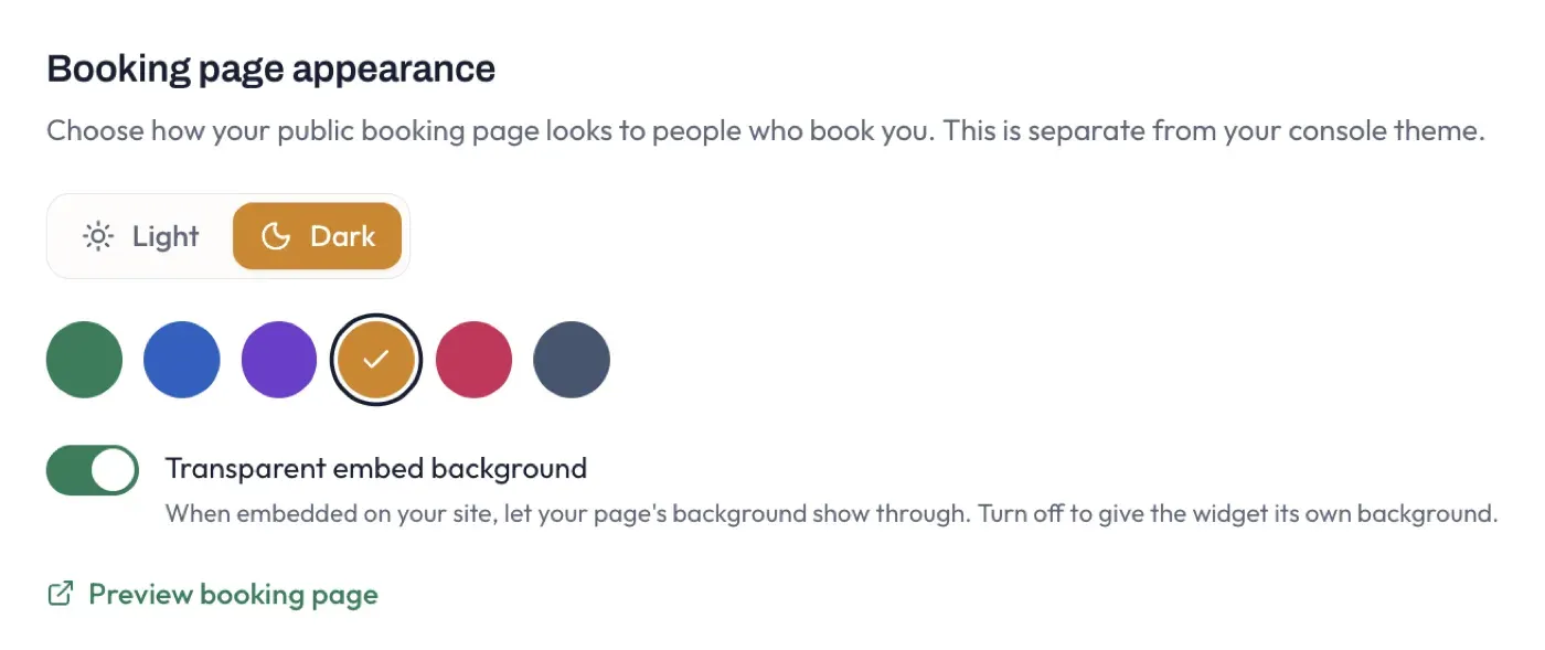 The Booking page appearance card: a light/dark toggle, accent colour swatches, and a transparent embed toggle
