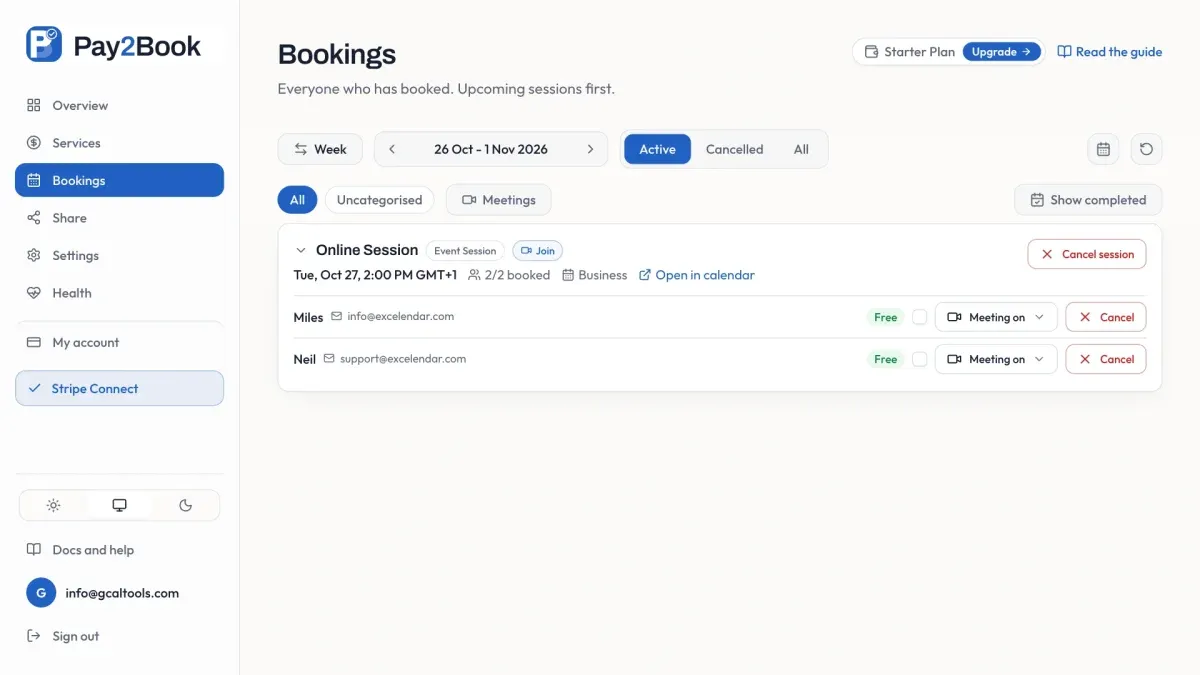 Bookings listing Miles and Neil under the same Online Session