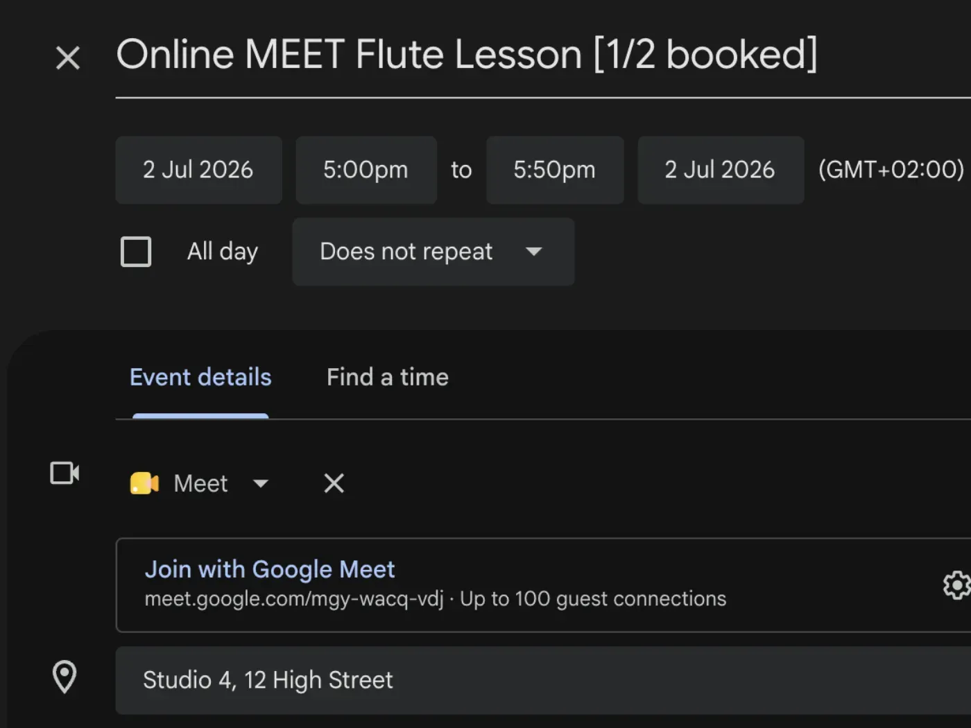 A calendar event backing a bookable session, showing the booked count in its title