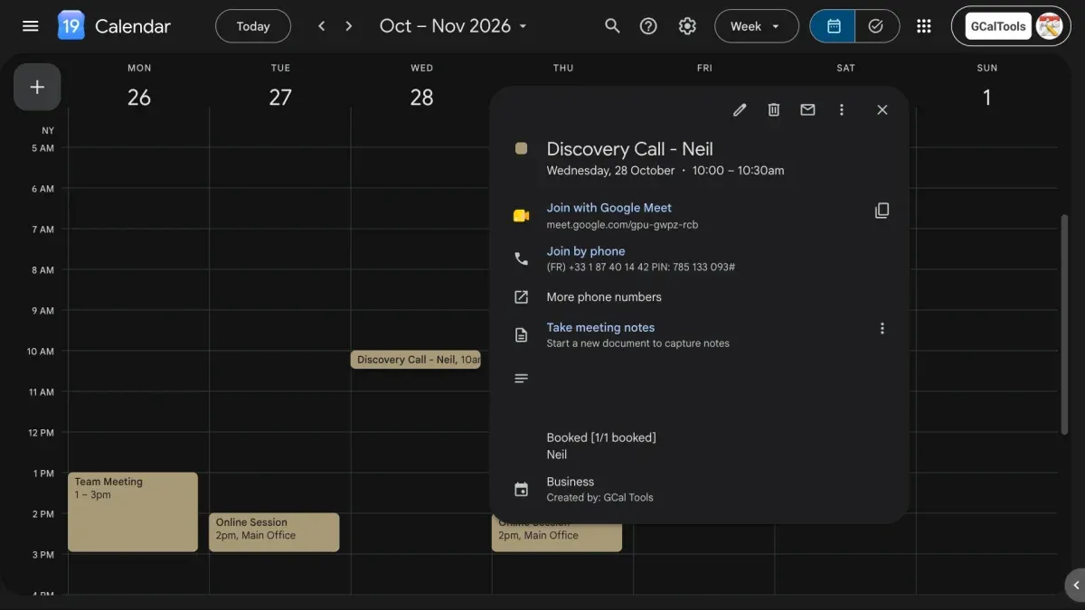 Discovery Call - Neil on the calendar, with its Google Meet