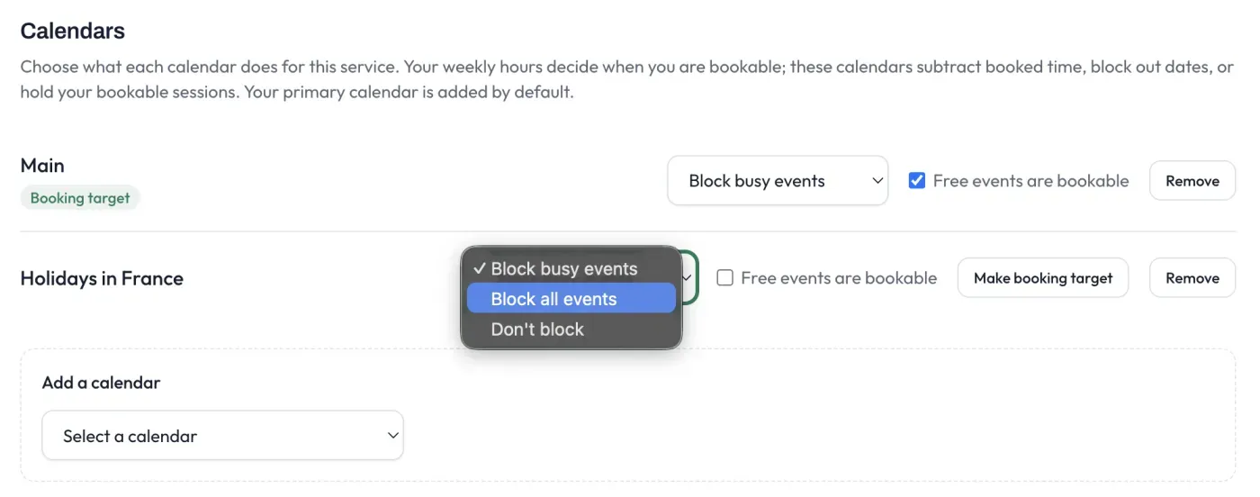 The per-service calendars panel, with a block mode and the free-events option for each calendar