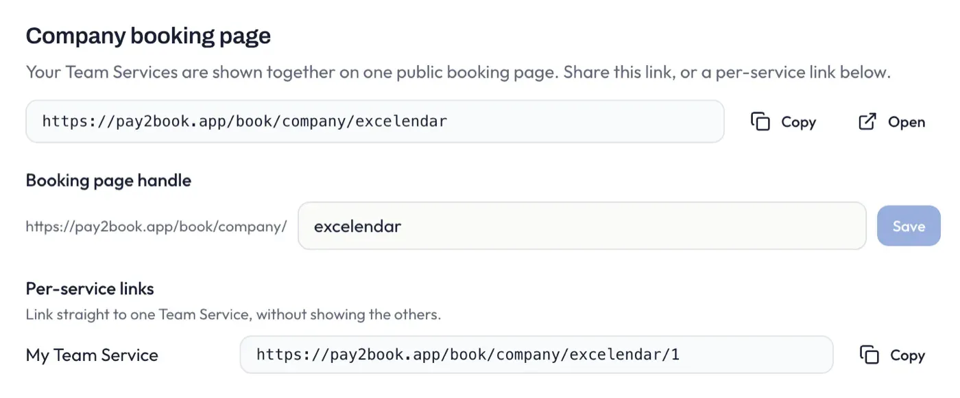 The Company booking page card, showing the booking link with Copy and Open, the editable handle, and a per-service link