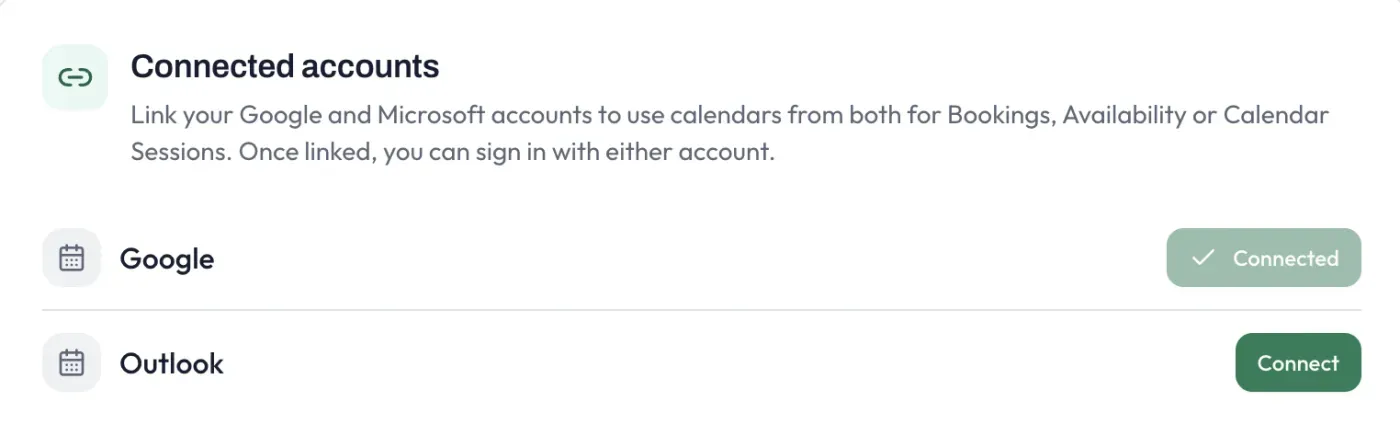 Connected accounts in Settings: Google shown as connected, Outlook with a Connect button