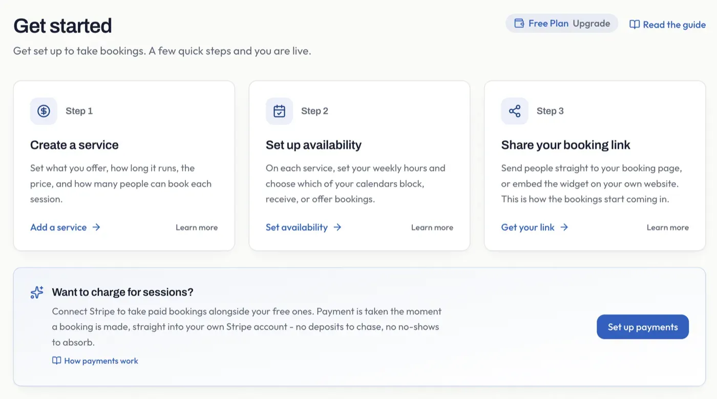 The Get started screen new accounts see, with steps to create a service, set availability, and share a booking link