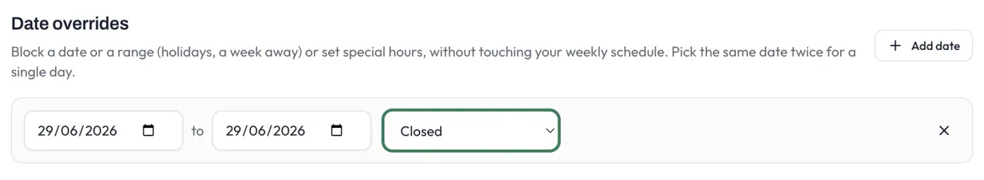 The date overrides editor, blocking a date or setting special hours