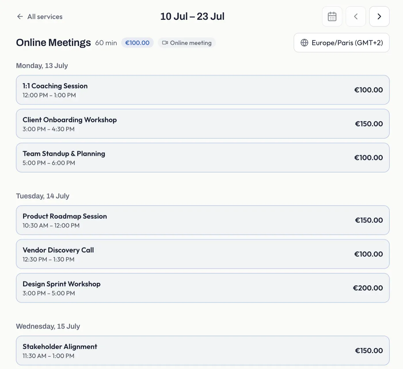 The booking page listing named Event sessions by day, each with its own time and price