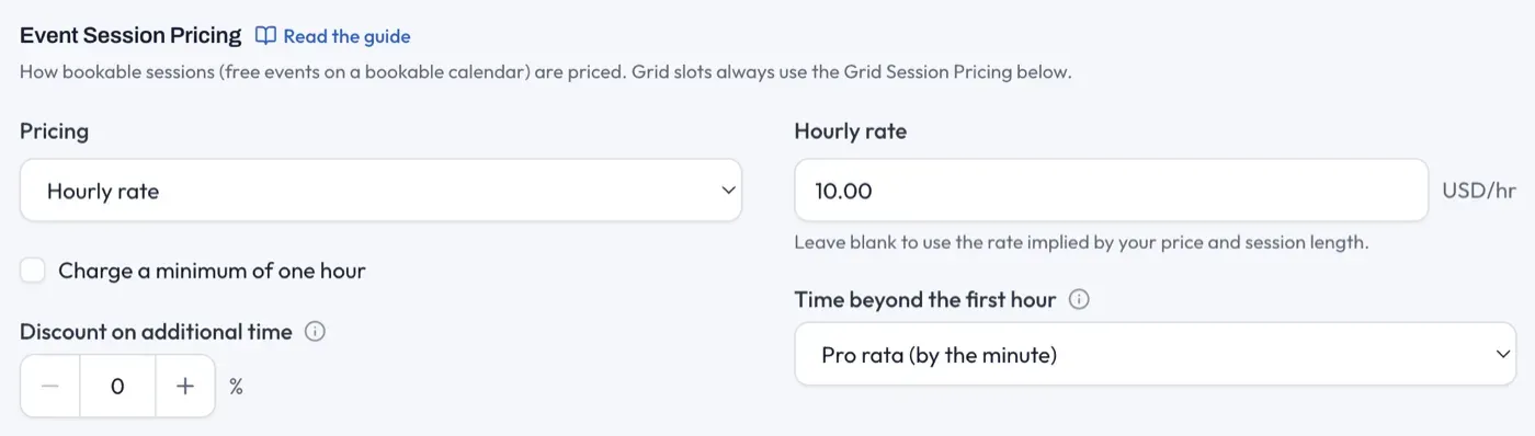 The Event Session Pricing card, with flat or hourly options