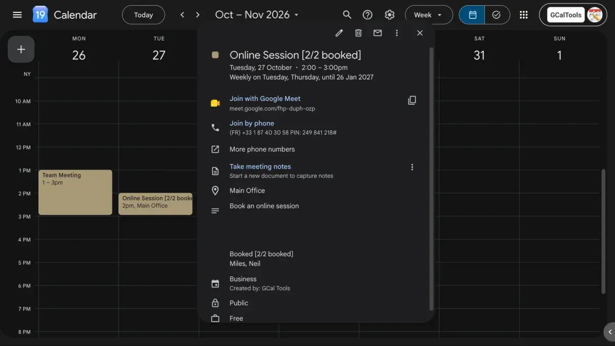 The calendar event reading Online Session [2/2 booked], with Miles and Neil