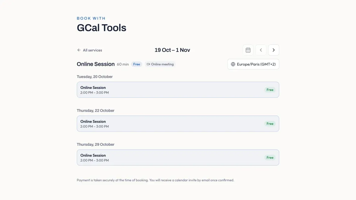 The booking page, where Tuesday 27 October is no longer offered