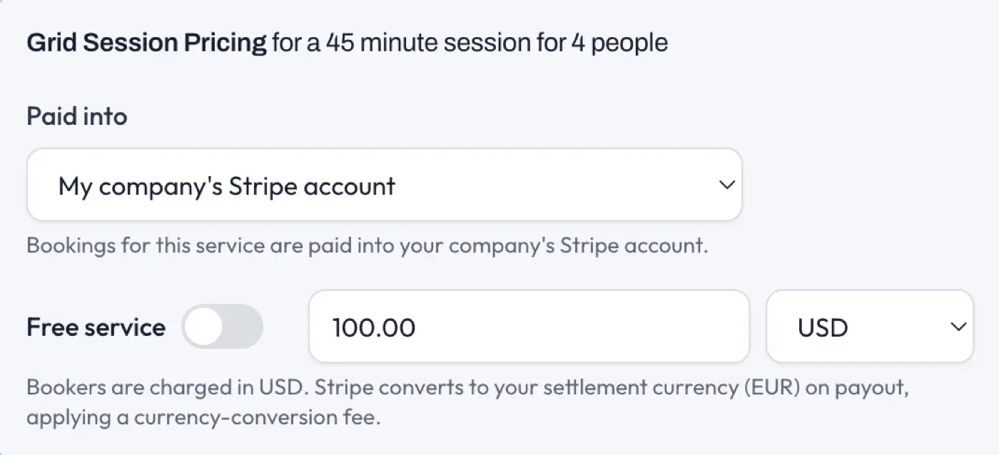 The Grid Session Pricing panel, with the price and the company account it is paid into