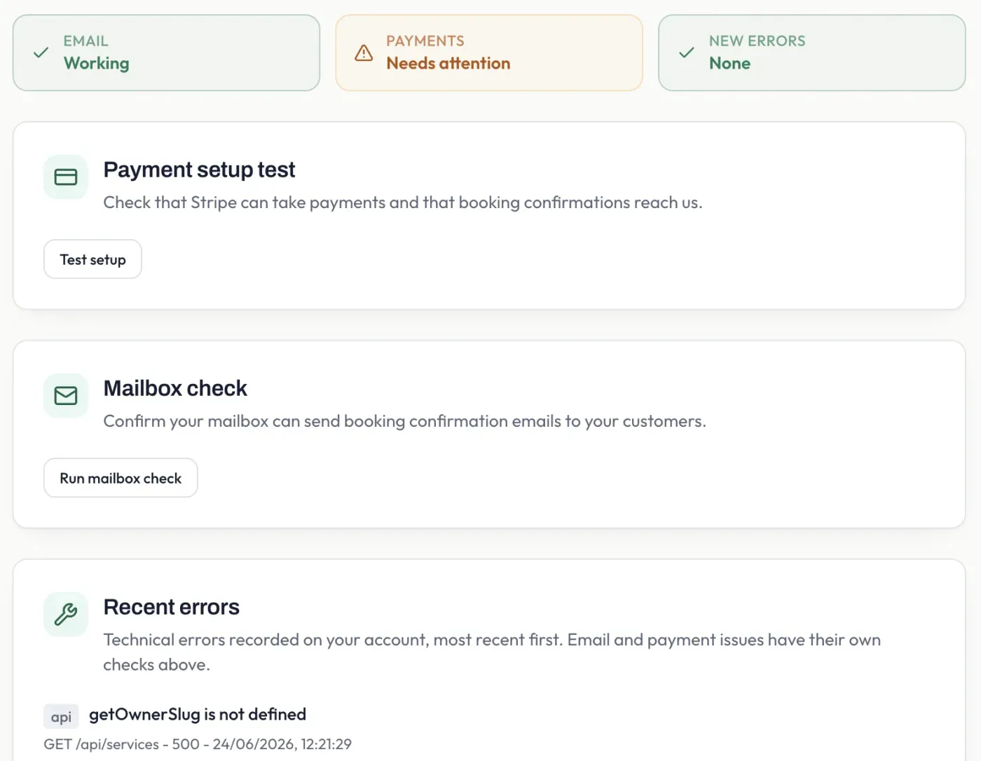 The Health page, showing status for email and payments, plus self-service checks