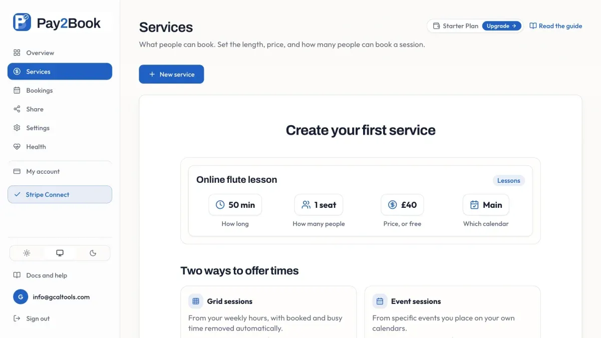 Services, with the two ways to offer times: grid sessions and event sessions