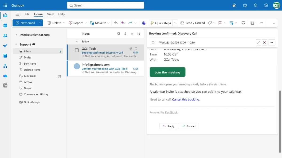 The booker’s confirmation email in Outlook, with Join the meeting