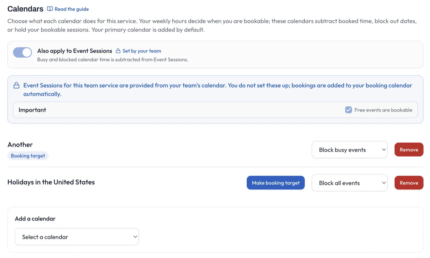 The “Also apply to Event Sessions” controls, shown on and set by the team