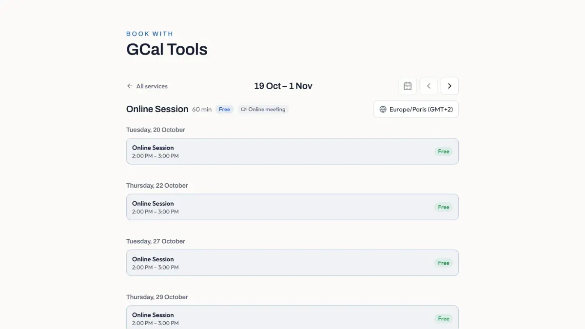 The booking page listing the Online Session events