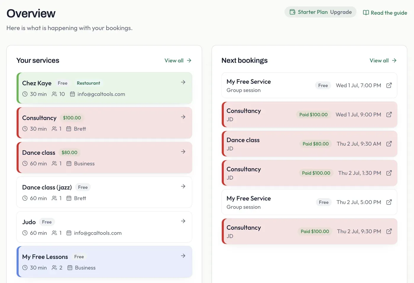 The Pay2Book Overview, showing your services on the left and your next bookings on the right