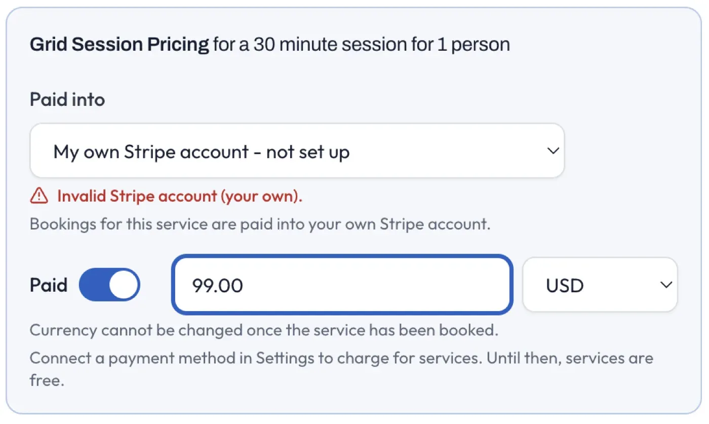 The Grid Session Pricing card, with the Paid toggle on, the price and the currency