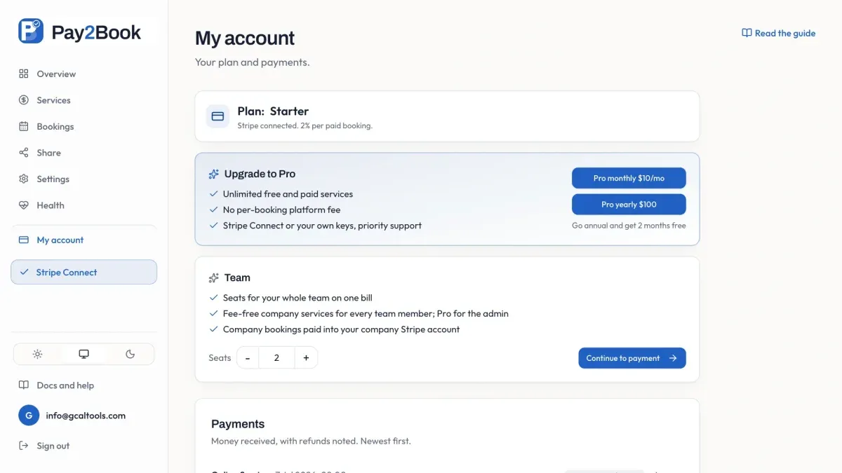 My account: the current plan, Upgrade to Pro, and Team