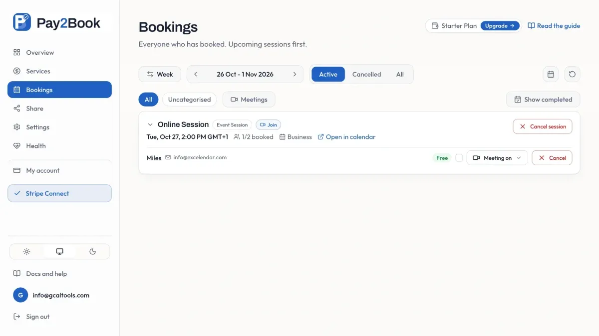 The session back to 1/2 booked in Bookings