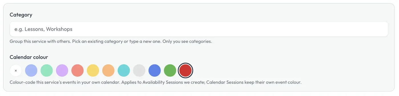 The Category field and the Calendar colour swatch picker