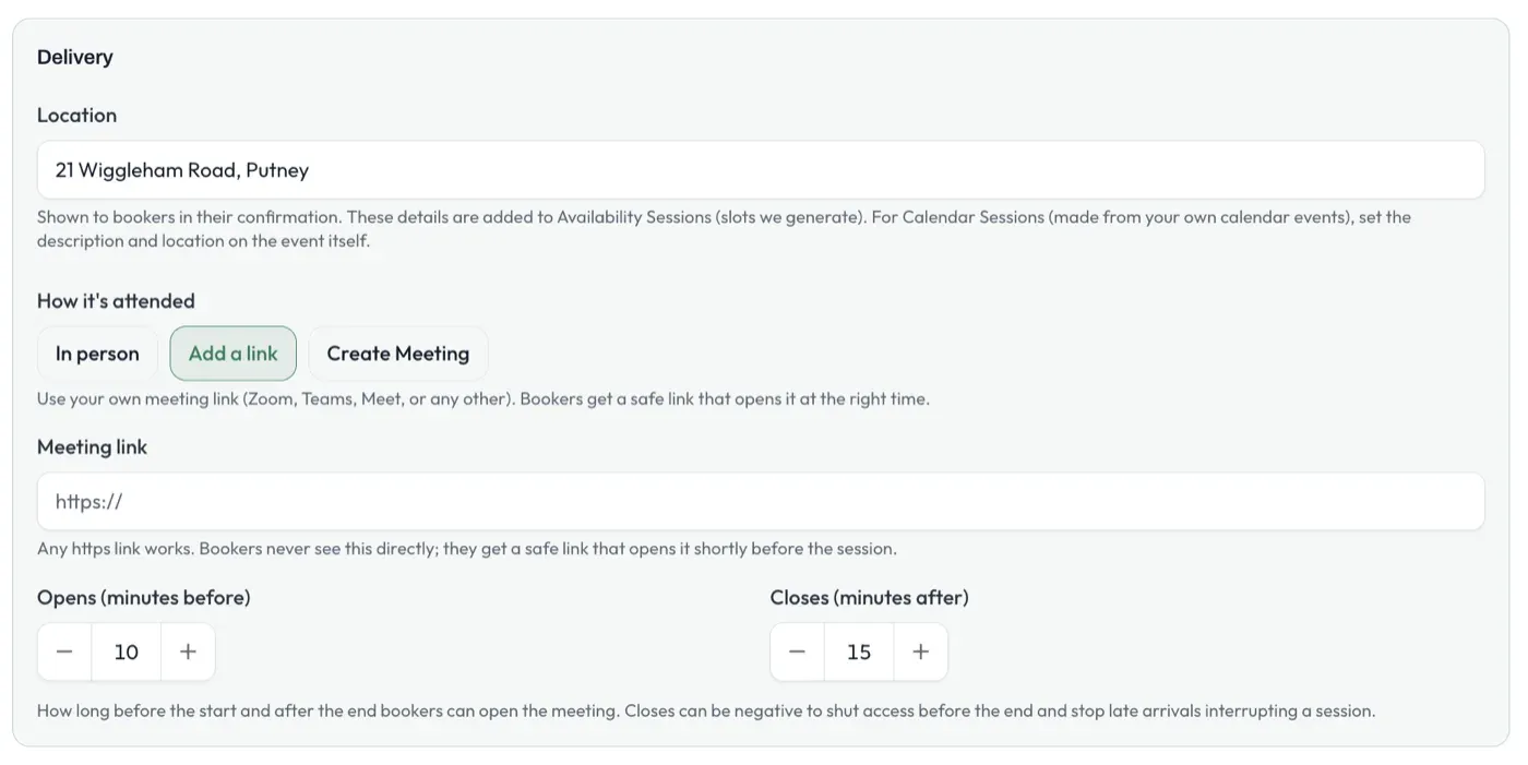 The Delivery card: location, how it’s attended, meeting link and the join window