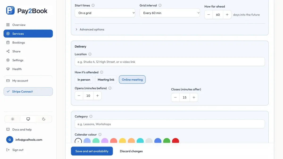 The Online meeting option selected