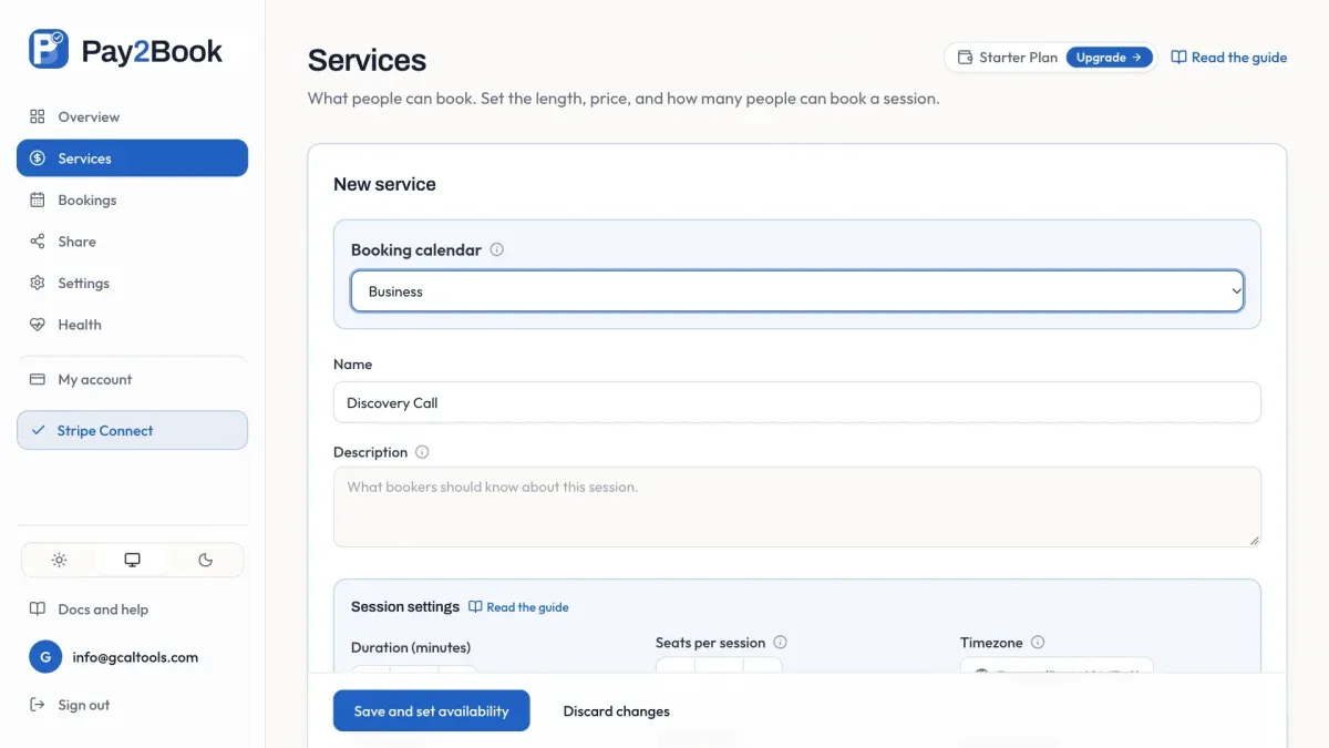 The new service’s booking calendar and name