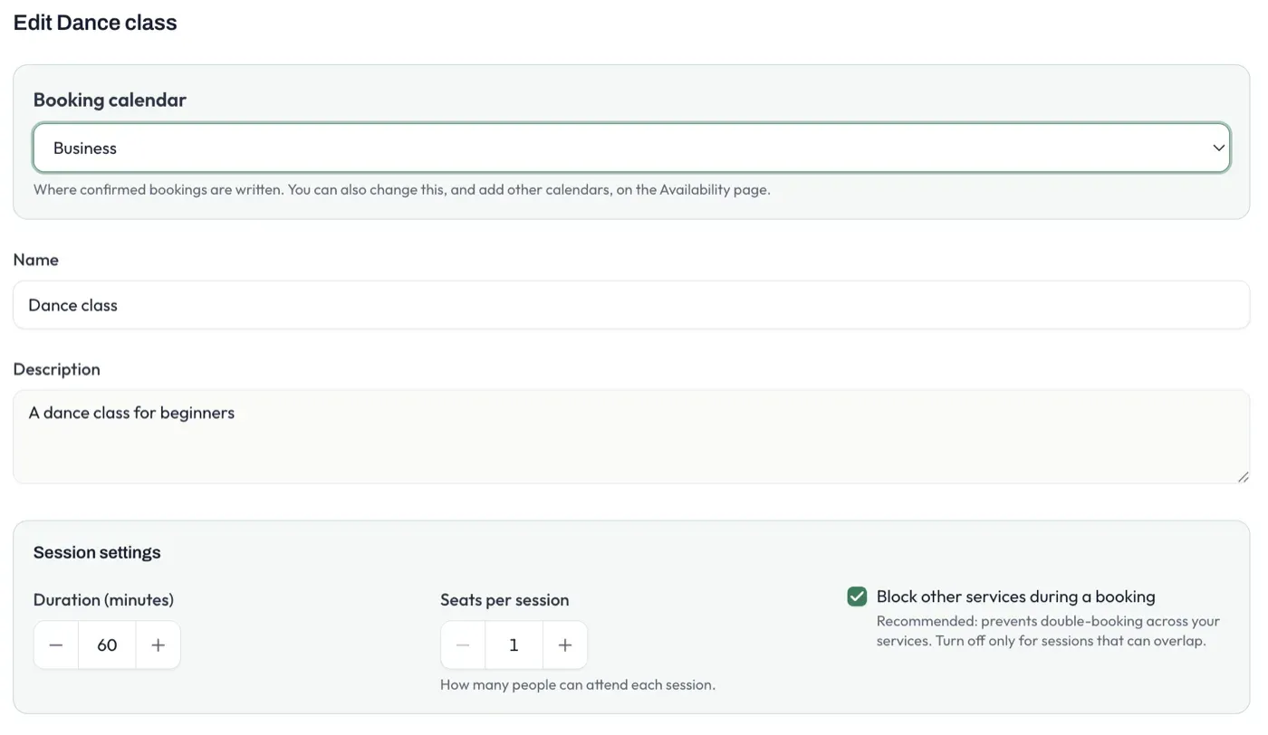 The Booking calendar, name and description at the top of the service edit screen