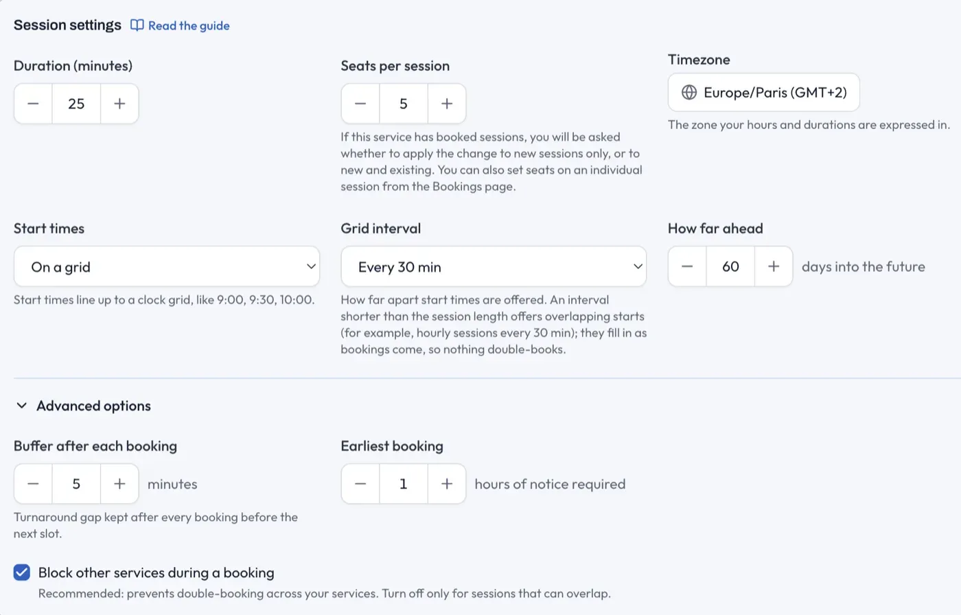 The Session settings card: duration, seats, timezone, start times, grid interval and how far ahead, with the Advanced options disclosure below