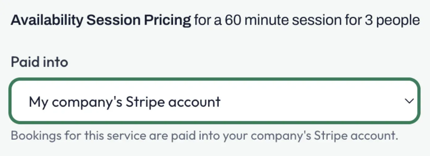 The Paid into dropdown set to My company’s Stripe account, with the helper text explaining bookings for this service are paid into the company account