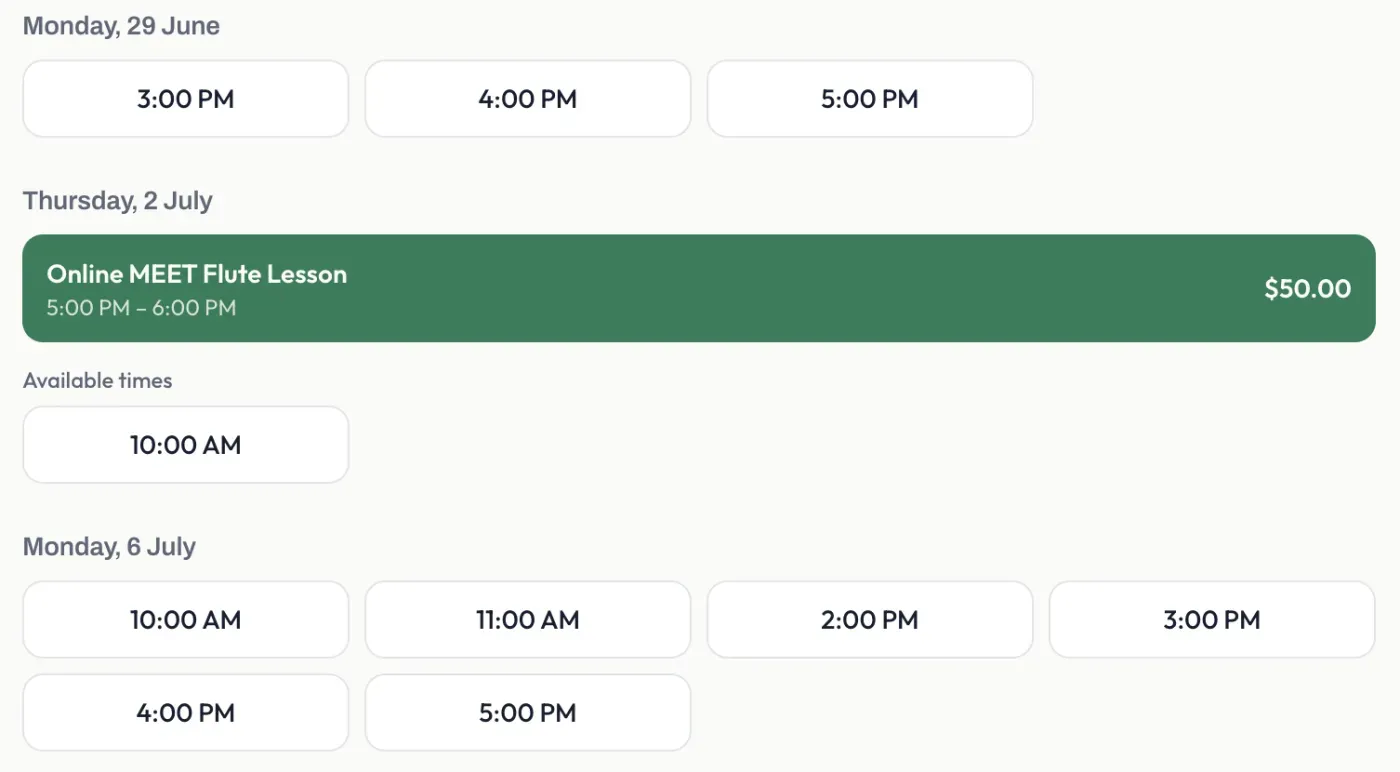 A booking page showing a named Calendar session above plain Availability time slots