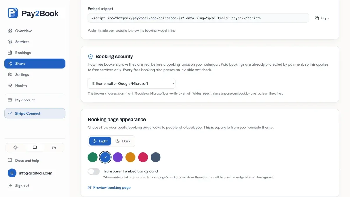The booking page appearance: light or dark, and a choice of colours