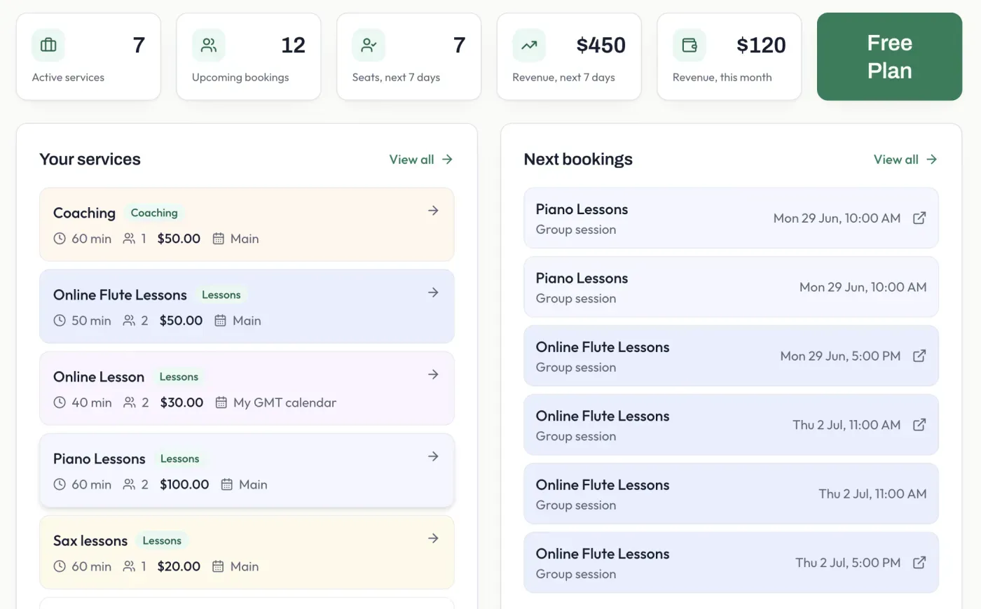 The Pay2Book dashboard, showing summary numbers, your services, and your next bookings