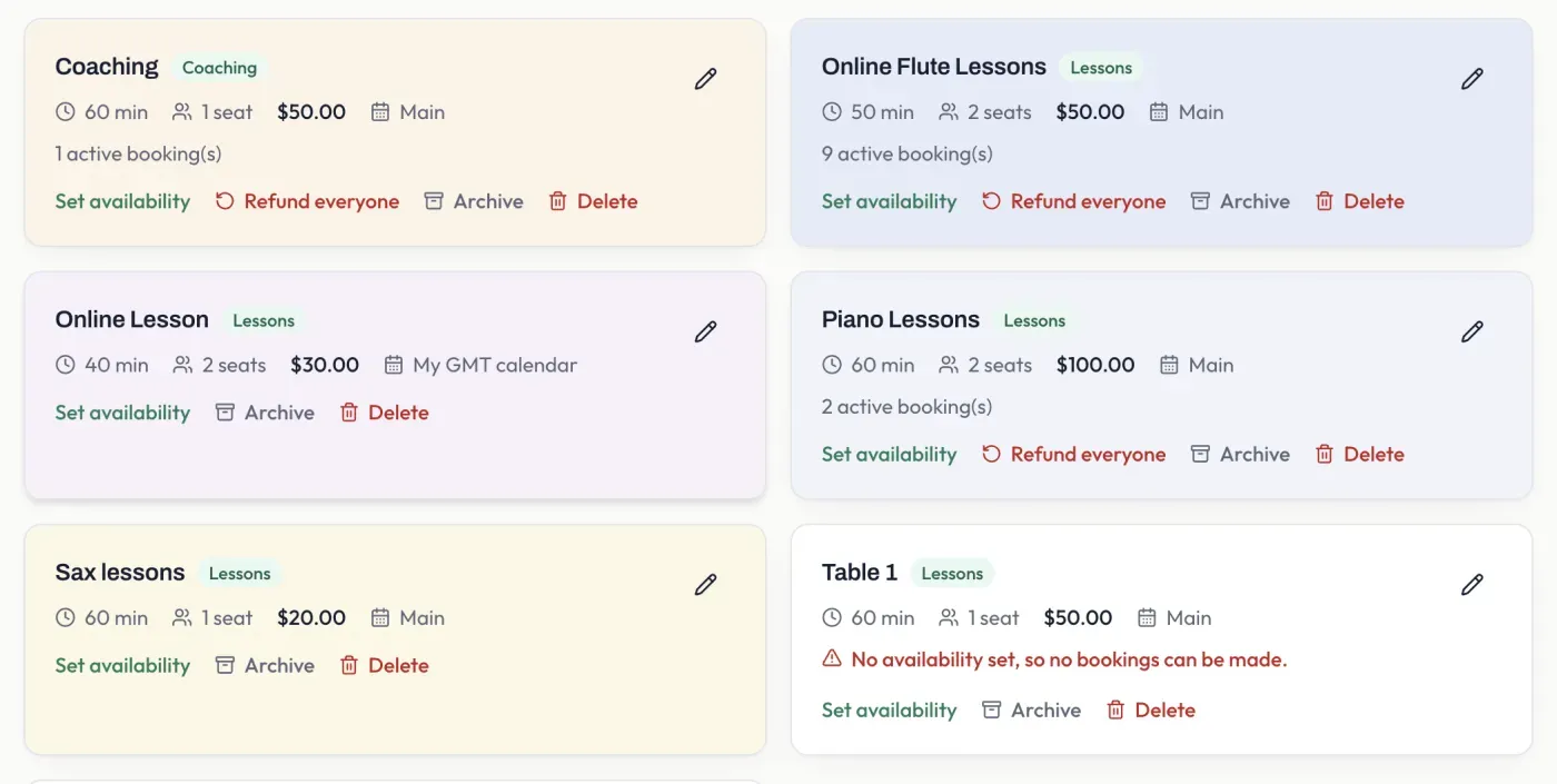 The Services page, showing service cards with length, price, seats, and management actions