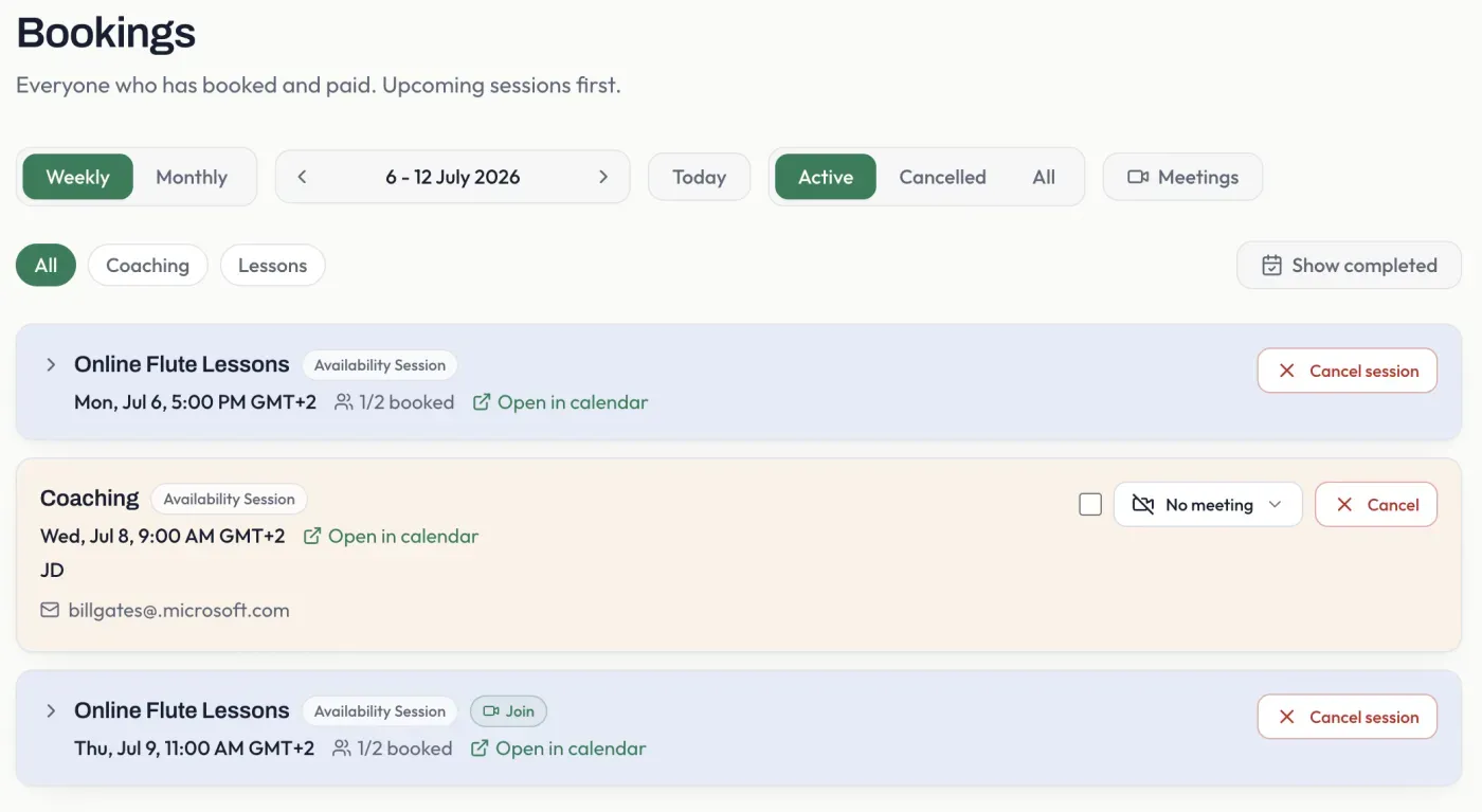 The Bookings page, showing sessions with filters and per-booking actions