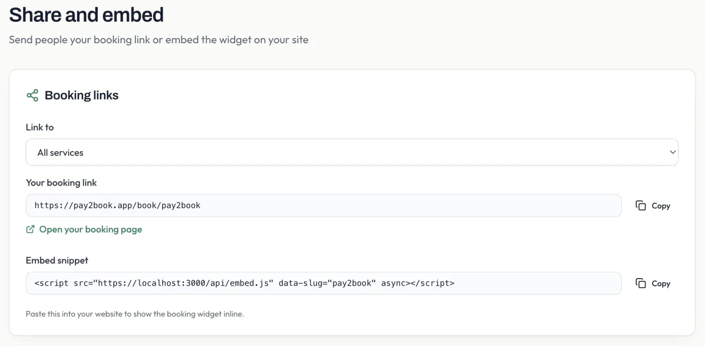 The Share and embed page, with your booking link and an embed snippet