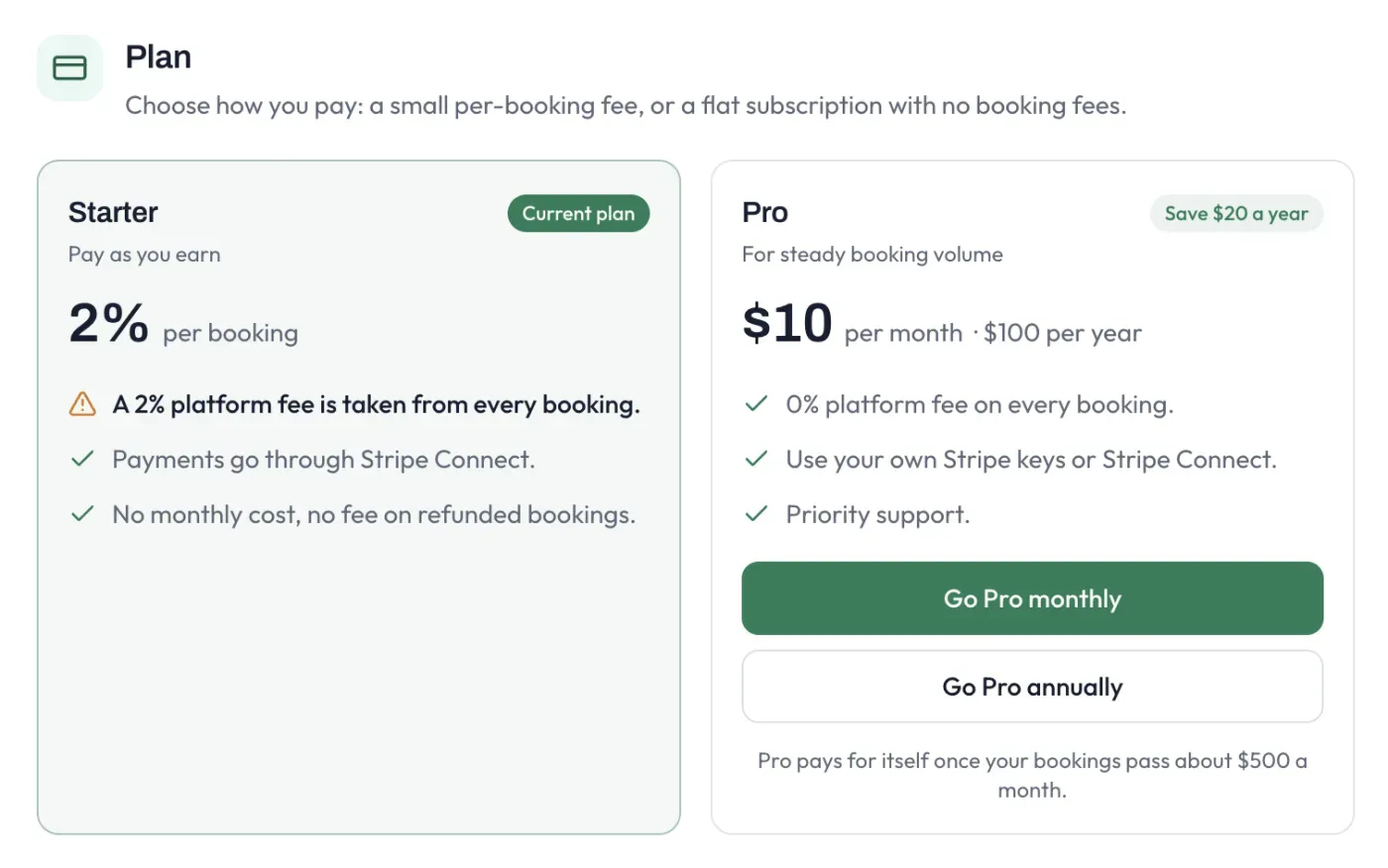 The plan page, showing the Starter and Pro plans side by side