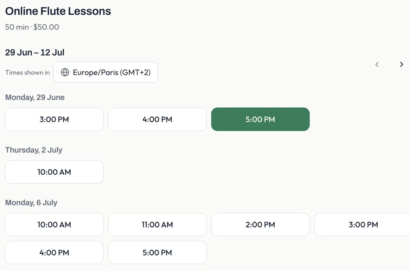 A public booking page showing available times by day, with a slot selected