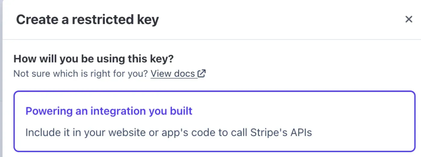 The Create a restricted key dialog, with “Powering an integration you built” selected