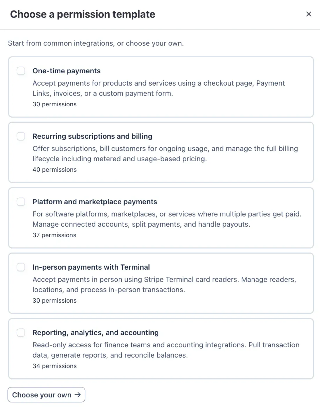 The Choose a permission template screen, with the Choose your own option at the bottom