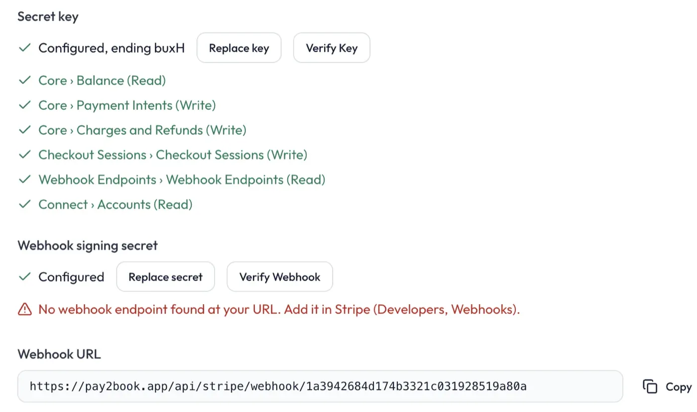 The Settings Stripe card after Verify Key, listing all six key permissions with green ticks and flagging that the webhook endpoint is not yet added