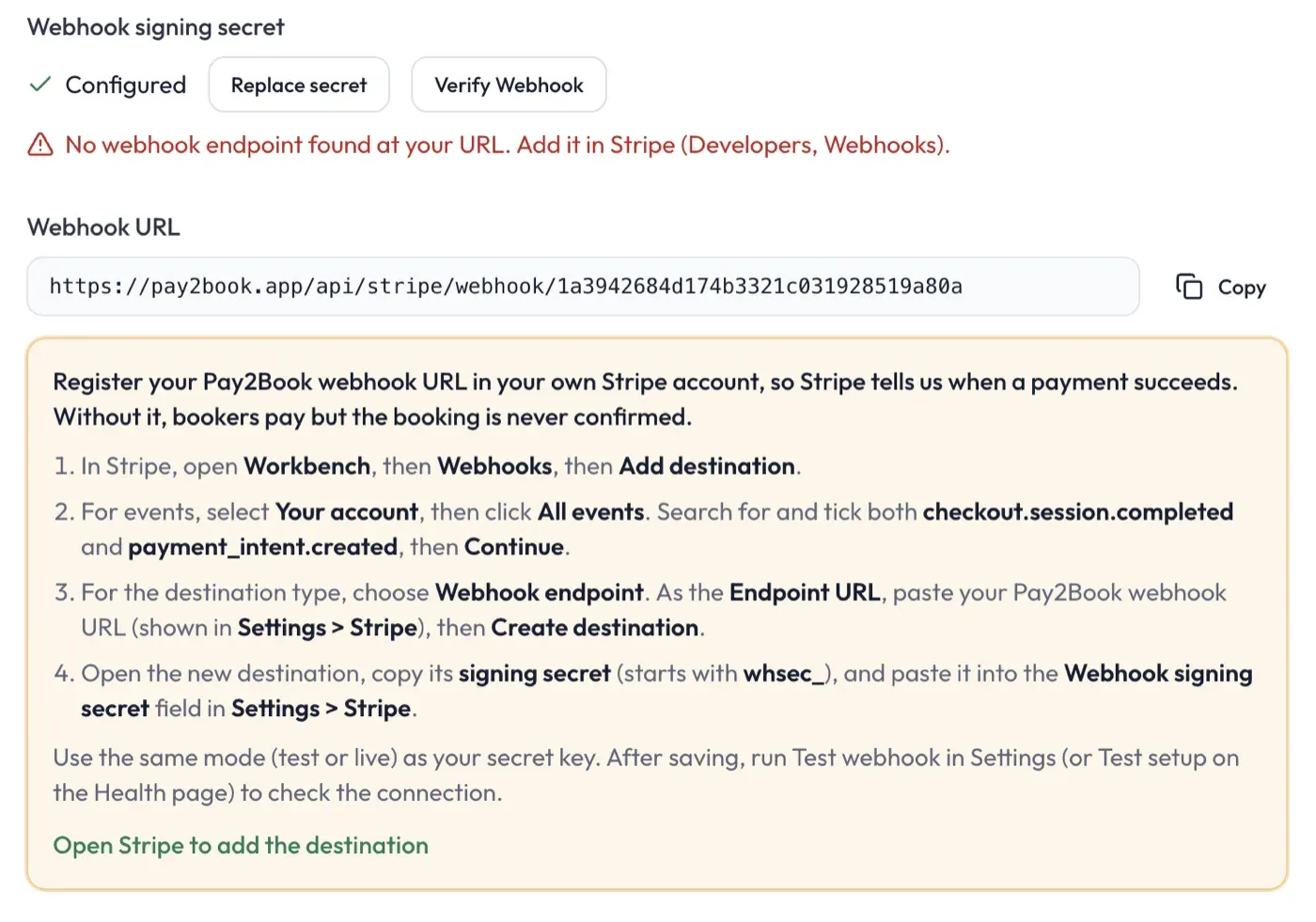 The Settings Stripe webhook section, with the Verify Webhook button, the webhook URL to copy, and the step-by-step guidance for adding the endpoint in Stripe